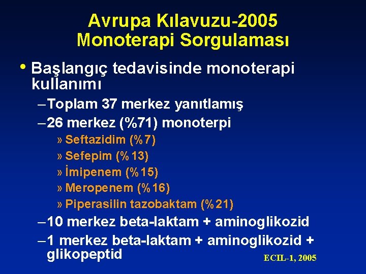 Avrupa Kılavuzu-2005 Monoterapi Sorgulaması • Başlangıç tedavisinde monoterapi kullanımı – Toplam 37 merkez yanıtlamış