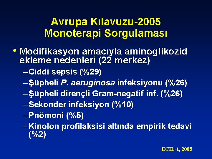 Avrupa Kılavuzu-2005 Monoterapi Sorgulaması • Modifikasyon amacıyla aminoglikozid ekleme nedenleri (22 merkez) – Ciddi