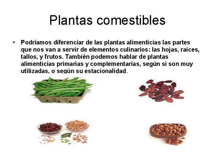 Plantas comestibles • Podríamos diferenciar de las plantas alimenticias las partes que nos van