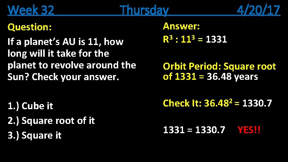 Week 32 Thursday 4/20/17 Question: If a planet’s AU is 11, how long will