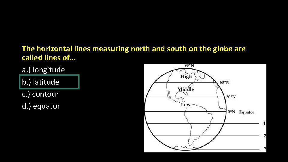 The horizontal lines measuring north and south on the globe are called lines of…