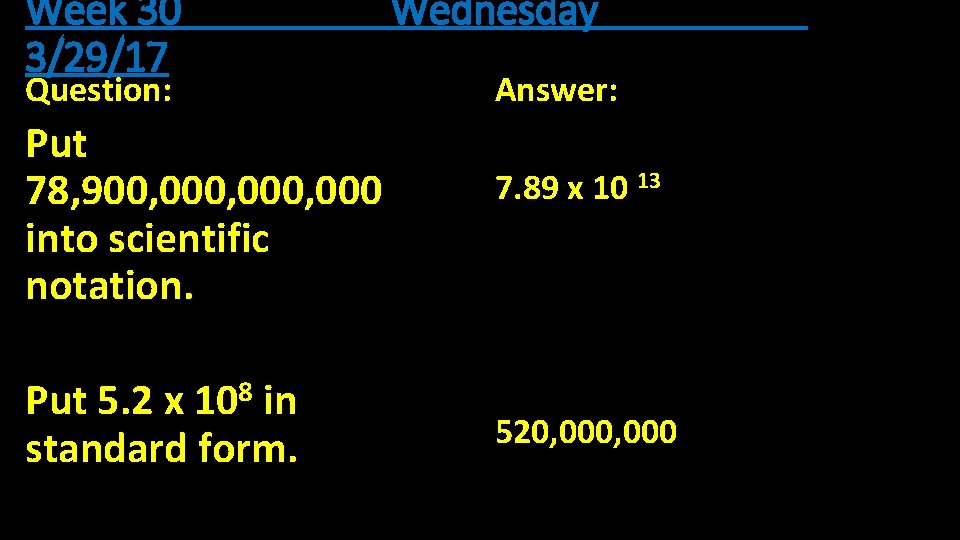 Week 30 3/29/17 Question: Put 78, 900, 000, 000 into scientific notation. Put 5.