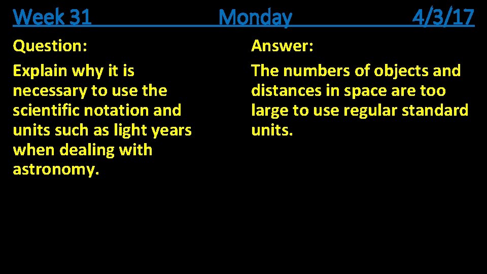 Week 31 Question: Explain why it is necessary to use the scientific notation and