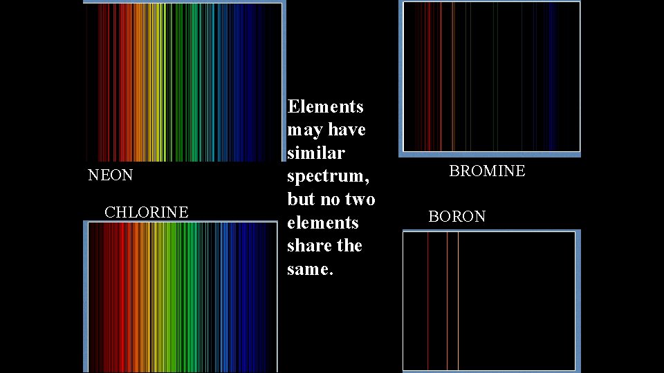 NEON CHLORINE Elements may have similar spectrum, but no two elements share the same.