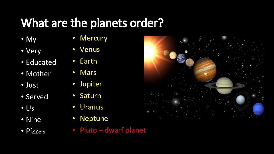 What are the planets order? • My • Very • Educated • Mother •