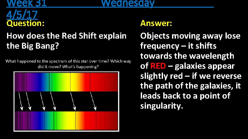 Week 31 4/5/17 Wednesday Question: How does the Red Shift explain the Big Bang?
