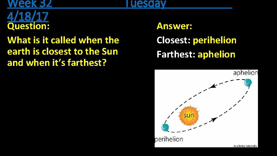 Week 32 4/18/17 Question: What is it called when the earth is closest to