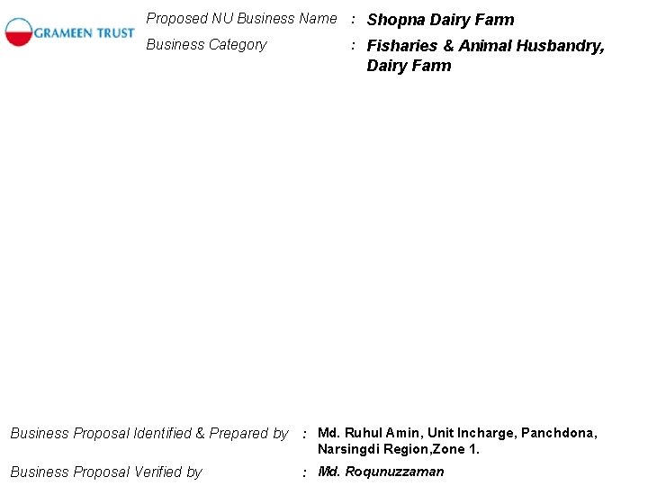 Proposed NU Business Name : Shopna Dairy Farm Business Category : Fisharies & Animal