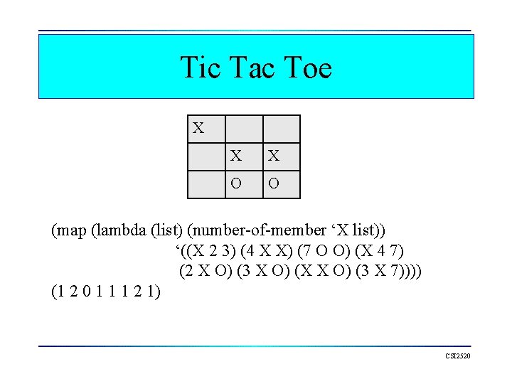 Tic Tac Toe X X X O O (map (lambda (list) (number-of-member ‘X list))