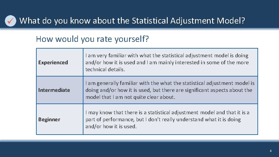 What do you know about the Statistical Adjustment Model? How would you rate yourself?