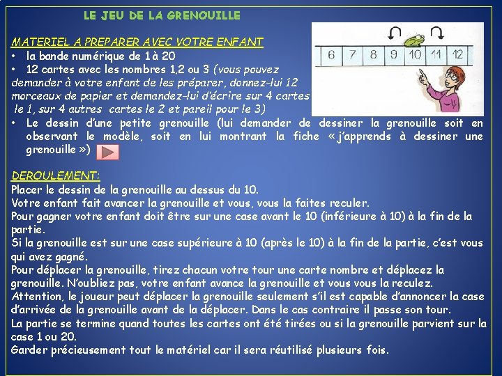 LE JEU DE LA GRENOUILLE MATERIEL A PREPARER AVEC VOTRE ENFANT • la bande