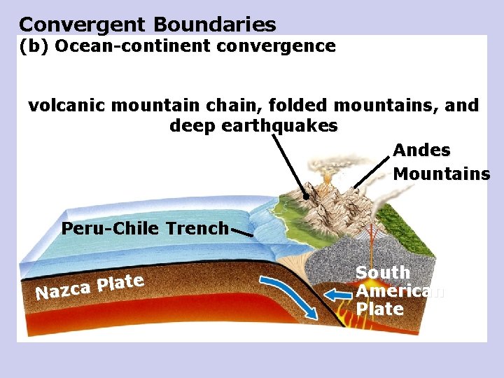 Convergent Boundaries (b) Ocean-continent convergence volcanic mountain chain, folded mountains, and deep earthquakes Andes