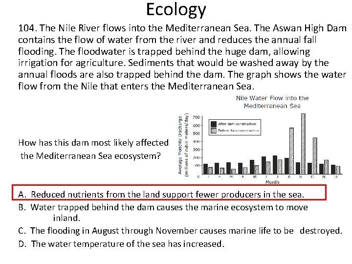 Ecology 104. The Nile River flows into the Mediterranean Sea. The Aswan High Dam