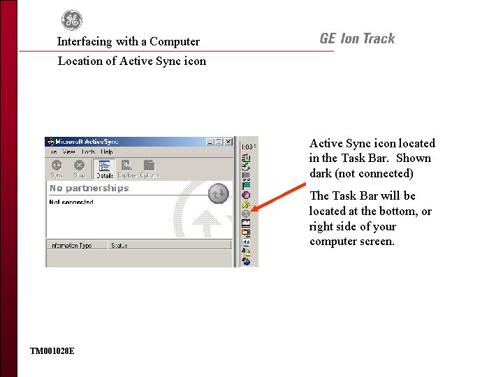 Interfacing with a Computer Location of Active Sync icon located in the Task Bar.