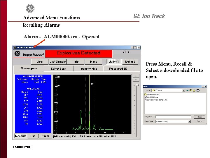 Advanced Menu Functions Recalling Alarms Alarm - ALM 00000. sca - Opened Press Menu,