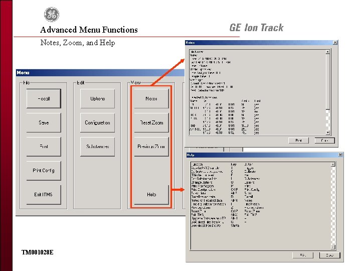 Advanced Menu Functions Notes, Zoom, and Help TM 001028 E 