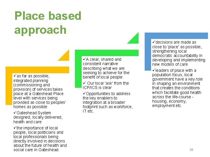 Place based approach as far as possible, integrated planning (commissioning and provision) of services