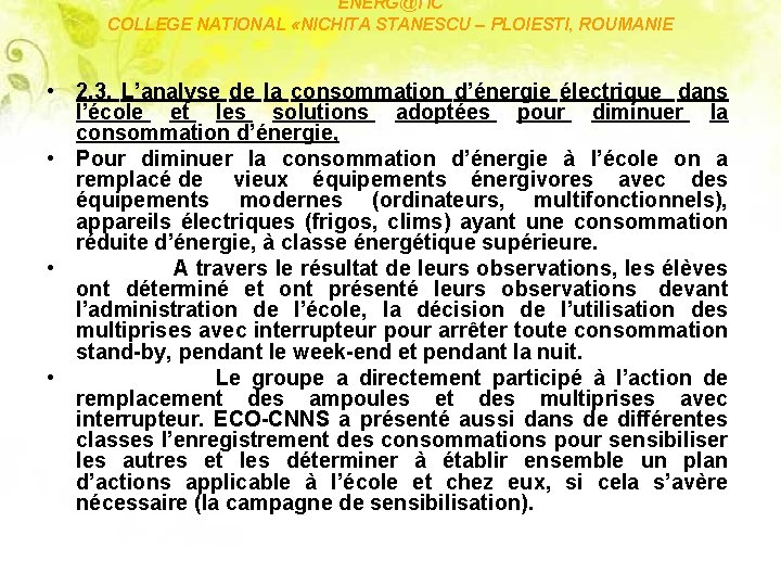 ENERG@TIC COLLEGE NATIONAL «NICHITA STANESCU – PLOIESTI, ROUMANIE • 2. 3. L’analyse de la