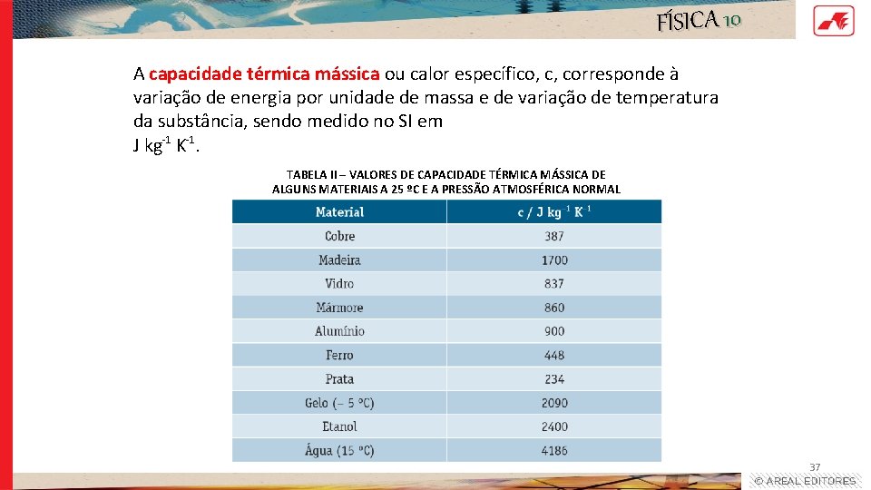 FÍSICA 10 A capacidade térmica mássica ou calor específico, c, corresponde à variação de FÍSICA 10 A capacidade térmica mássica ou calor específico, c, corresponde à variação de