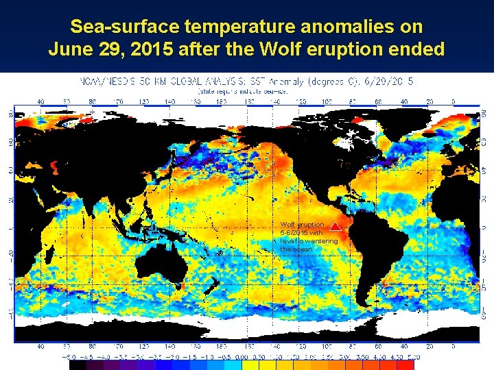 Sea-surface temperature anomalies on June 29, 2015 after the Wolf eruption ended Wolf eruption