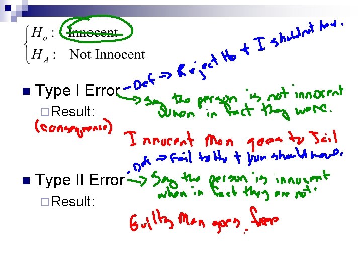 n Type I Error ¨ Result: n Type II Error ¨ Result: n Type I Error ¨ Result: n Type II Error ¨ Result: