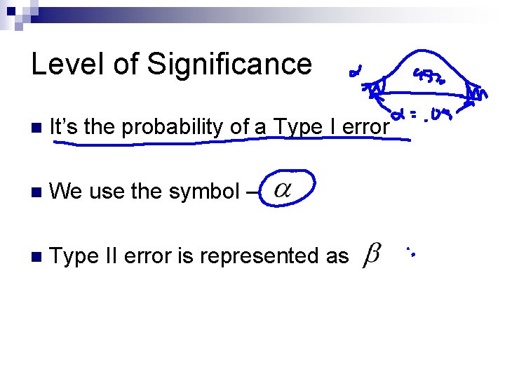 Level of Significance n It’s the probability of a Type I error n We Level of Significance n It’s the probability of a Type I error n We