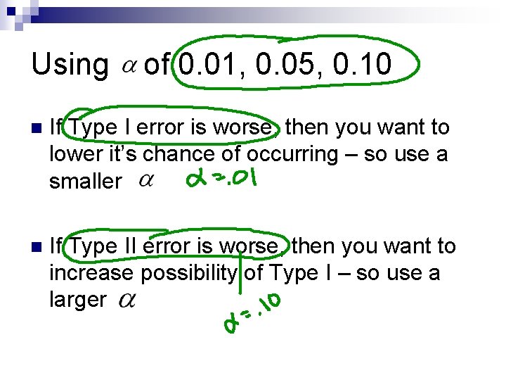 Using of 0. 01, 0. 05, 0. 10 n If Type I error is Using of 0. 01, 0. 05, 0. 10 n If Type I error is