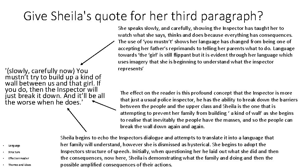 Give Sheila's quote for her third paragraph? '(slowly, carefully now) You mustn’t try to