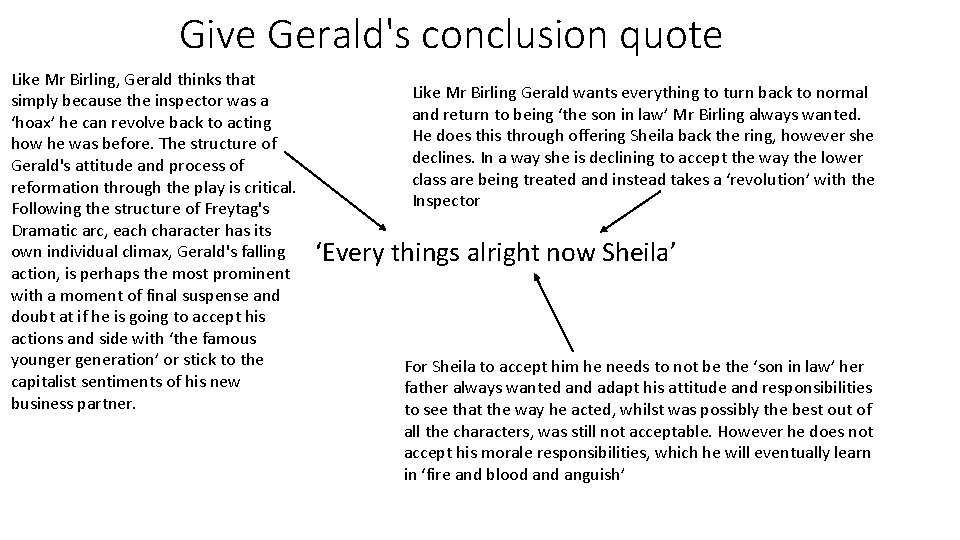 Give Gerald's conclusion quote Like Mr Birling, Gerald thinks that simply because the inspector