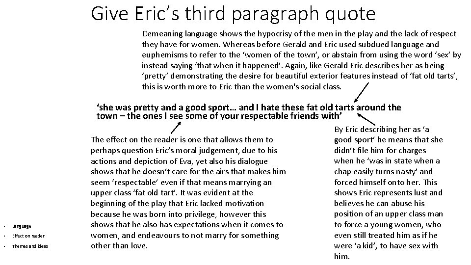 Give Eric’s third paragraph quote Demeaning language shows the hypocrisy of the men in
