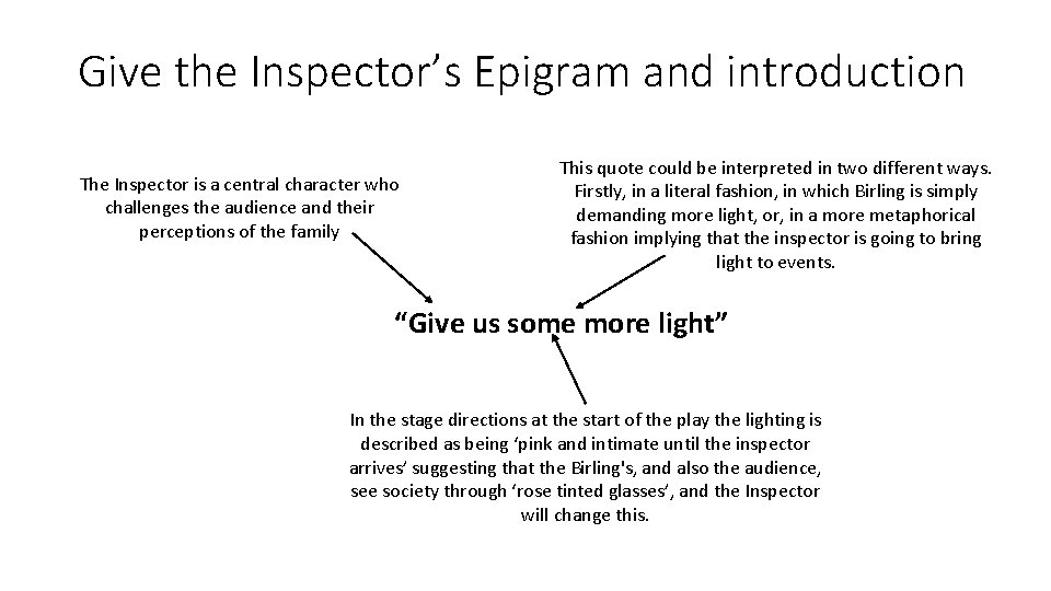 Give the Inspector’s Epigram and introduction The Inspector is a central character who challenges