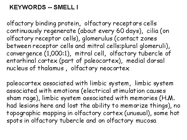 KEYWORDS -- SMELL I olfactory binding protein, olfactory receptors cells continuously regenerate (about every KEYWORDS -- SMELL I olfactory binding protein, olfactory receptors cells continuously regenerate (about every