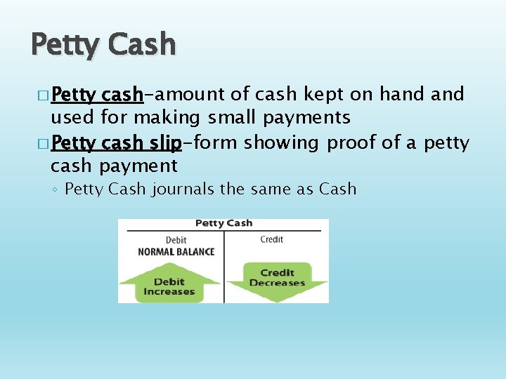 Petty Cash � Petty cash-amount of cash kept on hand used for making small