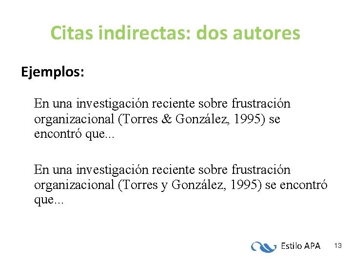 Citas indirectas: dos autores Ejemplos: En una investigación reciente sobre frustración organizacional (Torres &