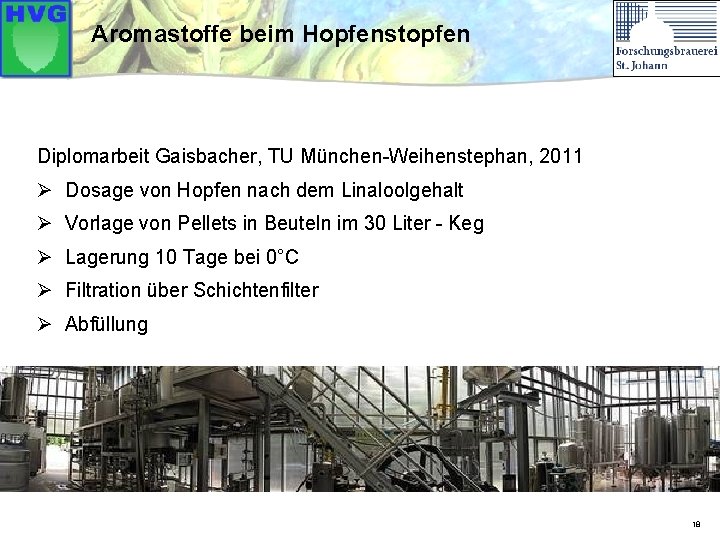 Aromastoffe beim Hopfenstopfen Diplomarbeit Gaisbacher, TU München-Weihenstephan, 2011 Ø Dosage von Hopfen nach dem