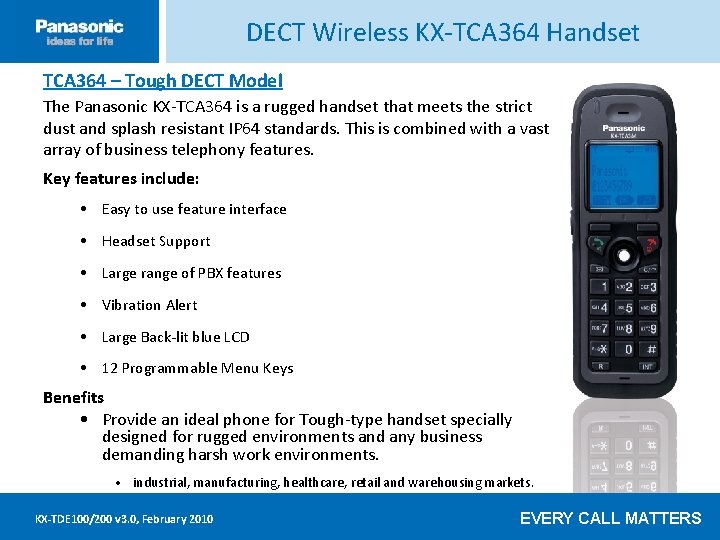 DECT Wireless KX-TCA 364 Handset TCA 364 – Tough DECT Model Click ____ to__edit