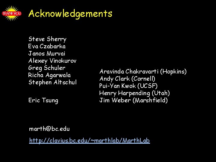 Acknowledgements Steve Sherry Eva Czabarka Janos Murvai Alexey Vinokurov Greg Schuler Richa Agarwala Stephen