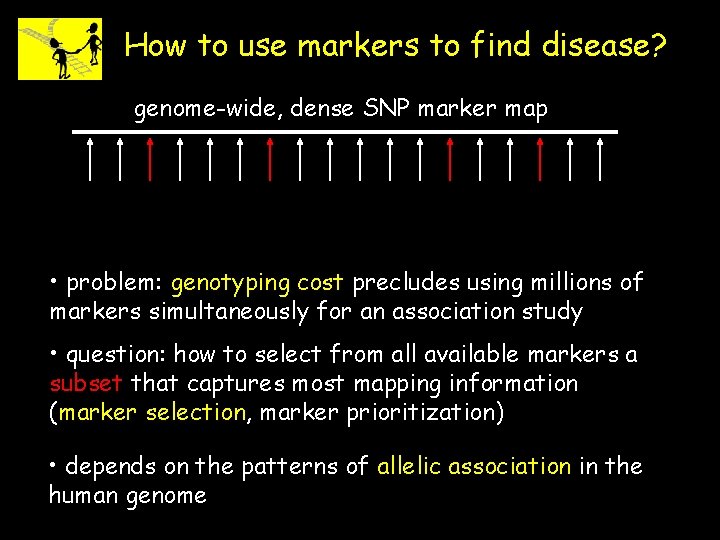 How to use markers to find disease? genome-wide, dense SNP marker map • problem: