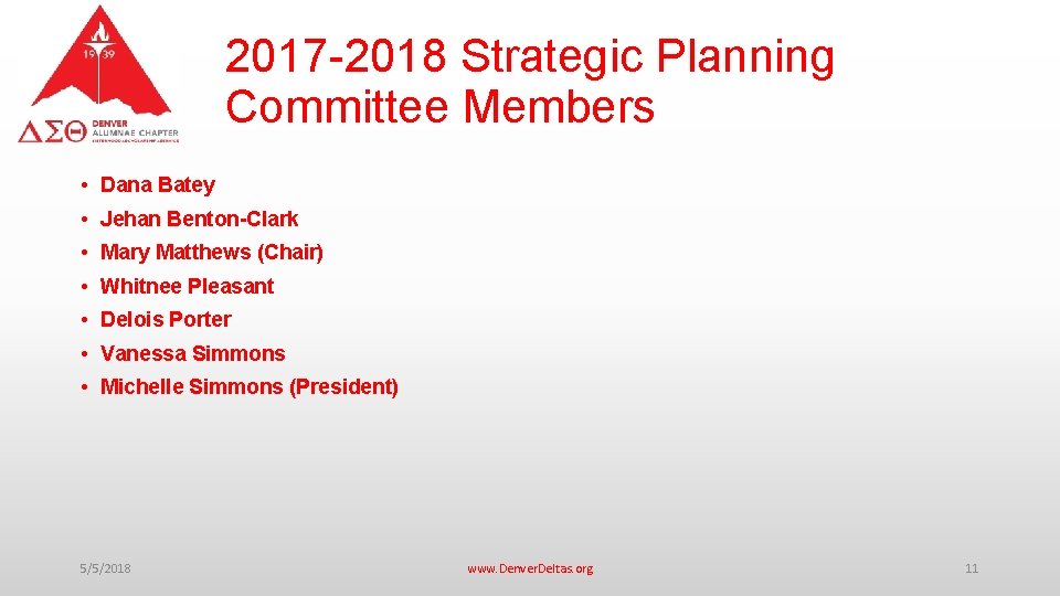 2017 -2018 Strategic Planning Committee Members • Dana Batey • Jehan Benton-Clark • Mary