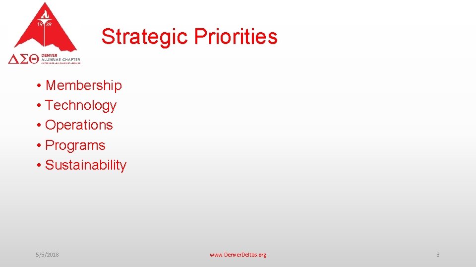 Strategic Priorities • Membership • Technology • Operations • Programs • Sustainability 5/5/2018 www.