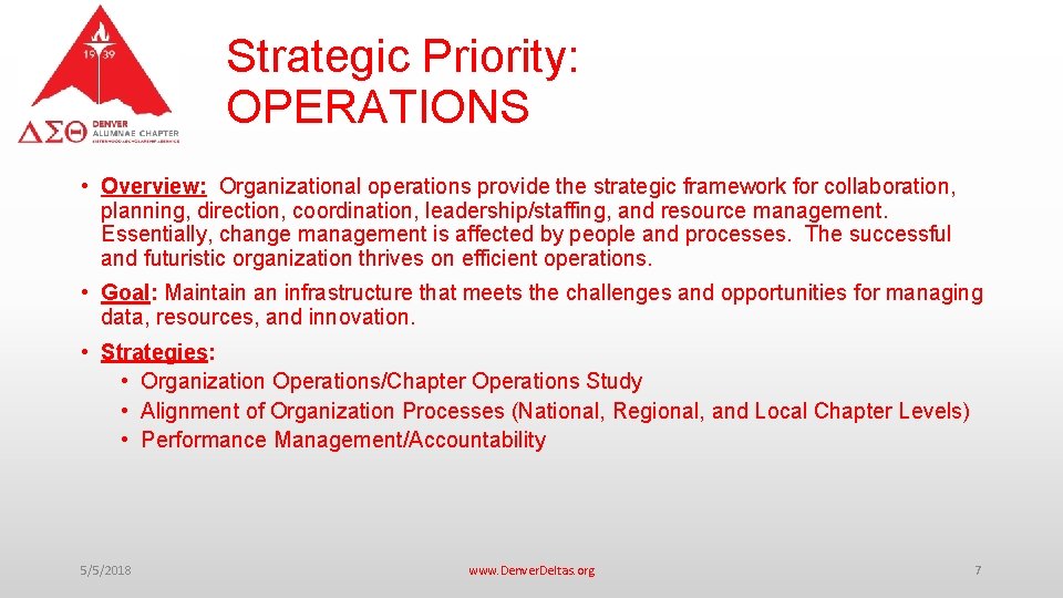 Strategic Priority: OPERATIONS • Overview: Organizational operations provide the strategic framework for collaboration, planning,