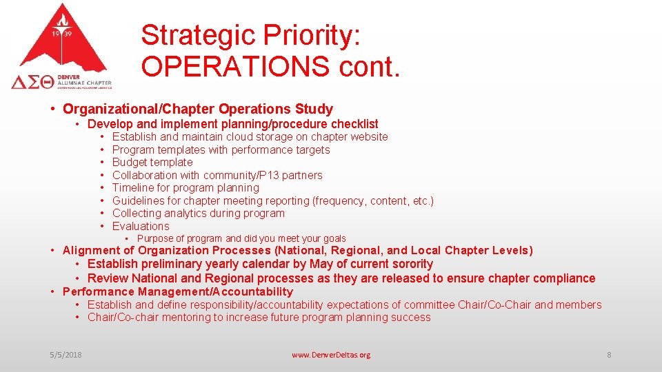 Strategic Priority: OPERATIONS cont. • Organizational/Chapter Operations Study • Develop and implement planning/procedure checklist