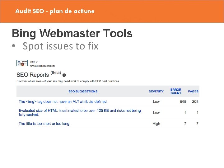 Audit SEO - plan de actiune Bing Webmaster Tools • Spot issues to fix