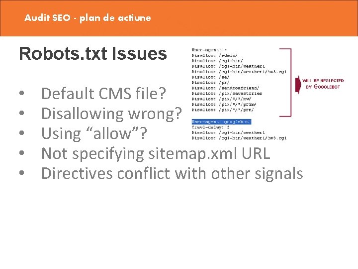 Audit SEO - plan de actiune Robots. txt Issues • • • Default CMS