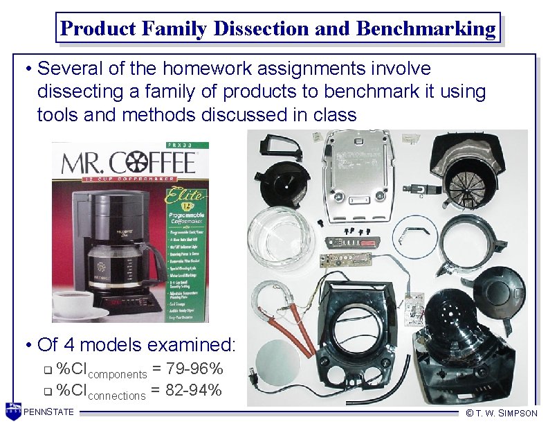 Product Family Dissection and Benchmarking • Several of the homework assignments involve dissecting a