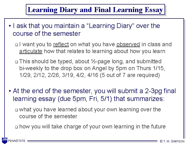 Learning Diary and Final Learning Essay • I ask that you maintain a “Learning