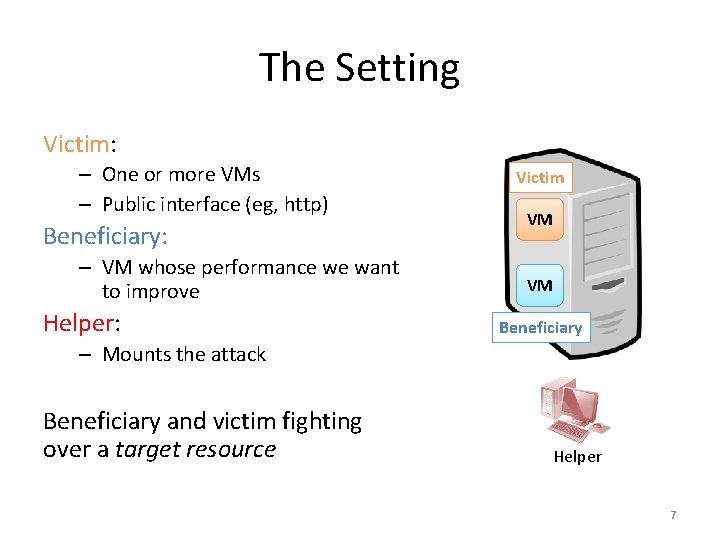 The Setting Victim: – One or more VMs – Public interface (eg, http) Beneficiary: