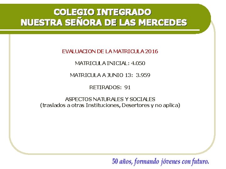 COLEGIO INTEGRADO NUESTRA SEÑORA DE LAS MERCEDES EVALUACION DE LA MATRICULA 2016 MATRICULA INICIAL: