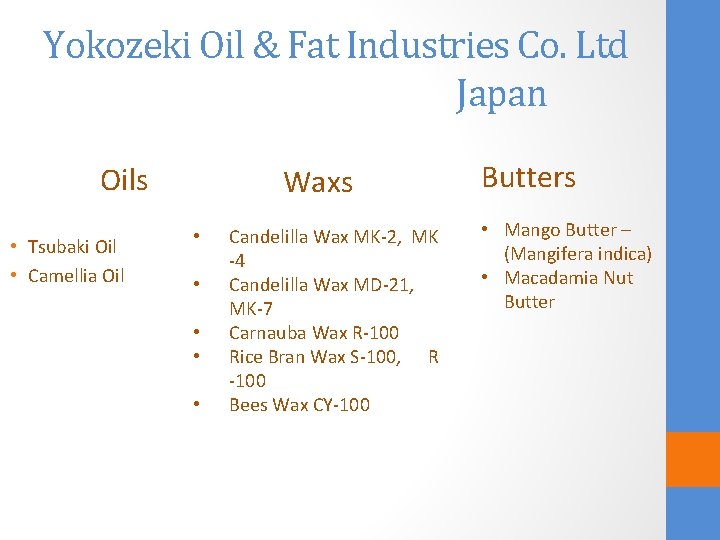 Yokozeki Oil & Fat Industries Co. Ltd Japan Oils • Tsubaki Oil • Camellia