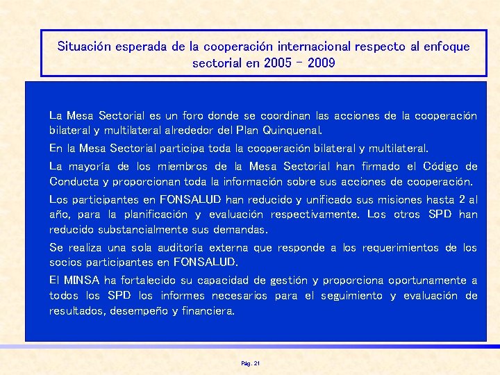 Situación esperada de la cooperación internacional respecto al enfoque sectorial en 2005 - 2009